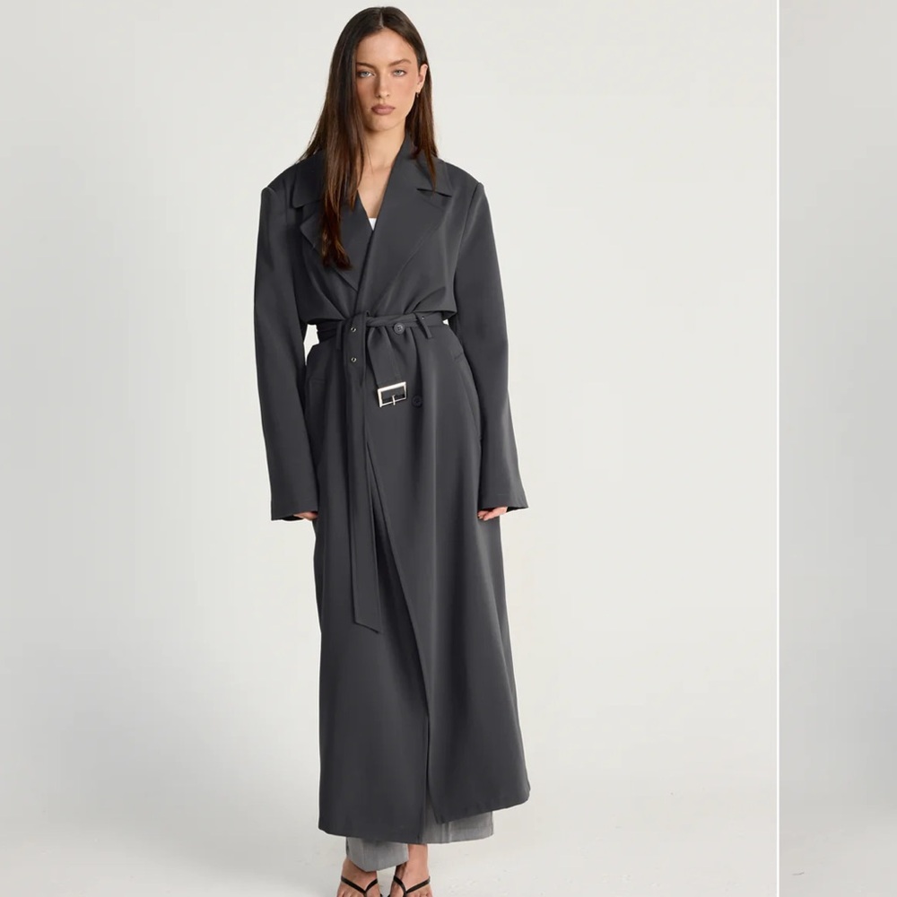 Slate Gray Long Trench Coat With Belt